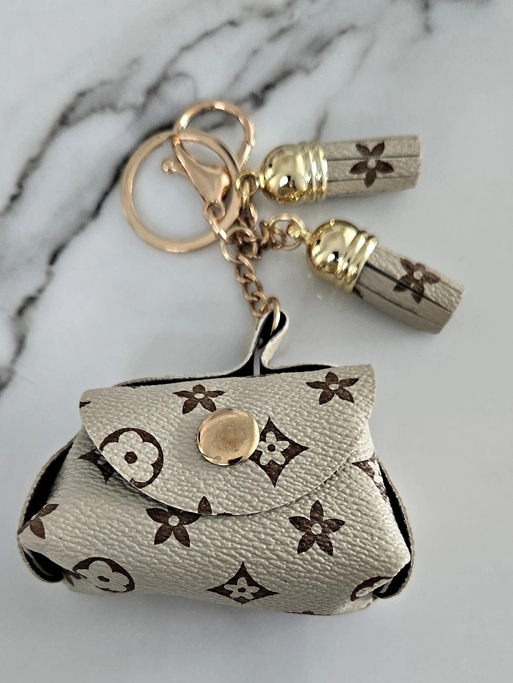 Mini Monogram Coin Purse Keychain in White & Brown